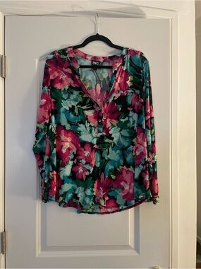 INC International Concepts Floral Henley Blouse - Pink & Teal